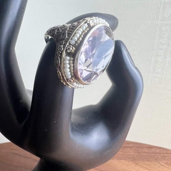 Antique 1920's Amethyst & Wired Seed Pearl Filigree Ring Set In 14k White Gold - Picture 5 of 8